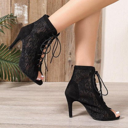 Women's Lace Up Heeled Sandals with Mesh Upper