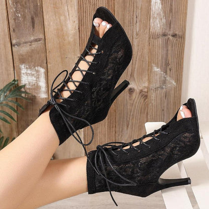 Women's Lace Up Heeled Sandals with Mesh Upper
