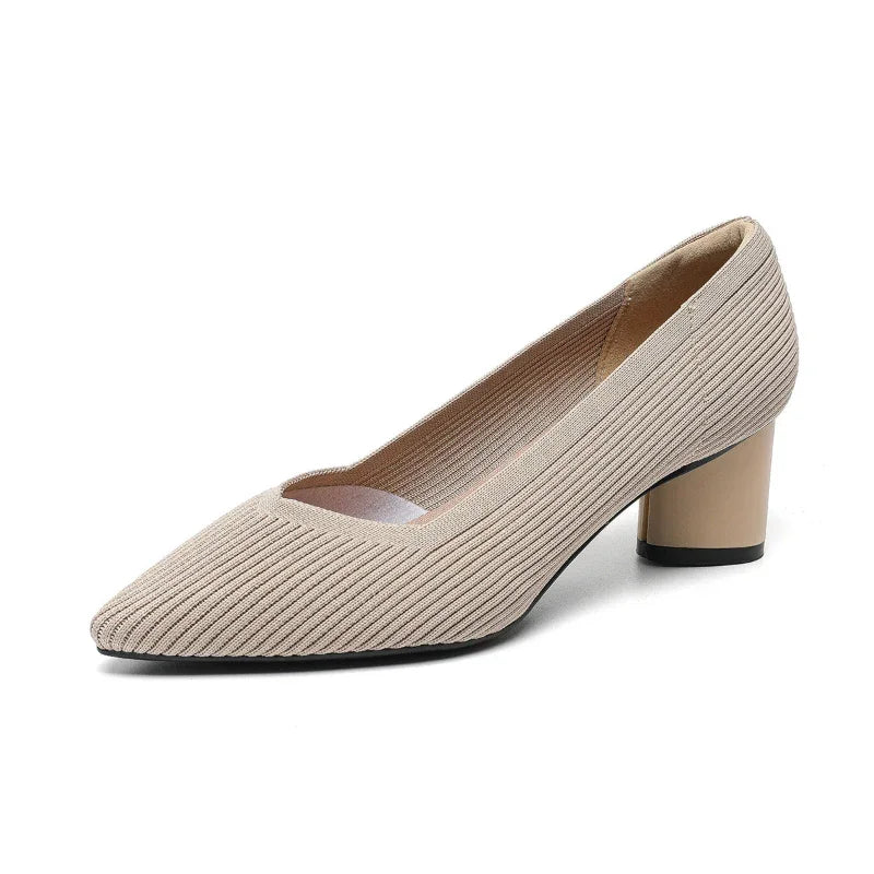 Stylish Flyknit Pointed-Toe Pumps with Square Heel