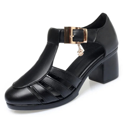 Chic Hollow-Out Heeled Sandals with Ankle Strap & Charm