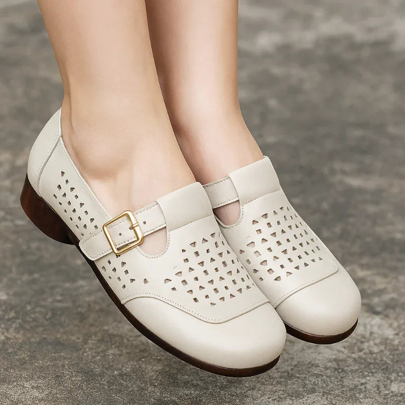 Women's Wide Toe Box Leather T-Strap Flats