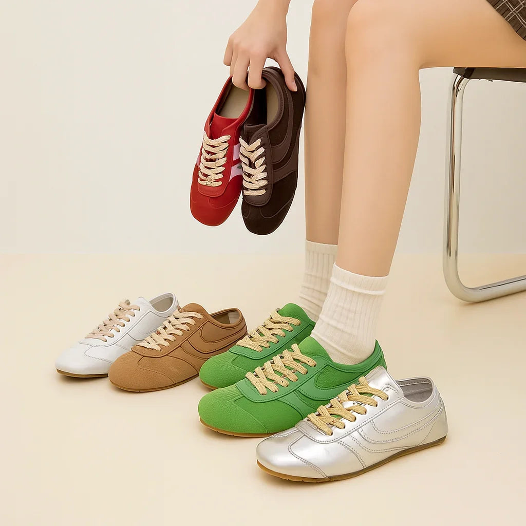 Orthopedic Leather Sneakers - Wide Fit, Lace-Up, Retro Design