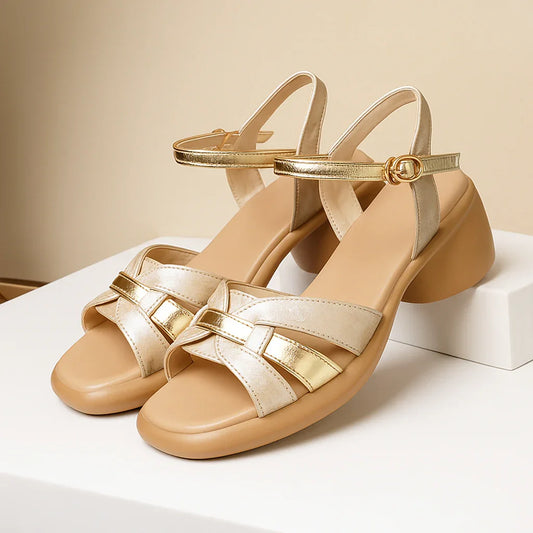 Elegant Cowhide Sandals with Low Heel & Buckle Closure