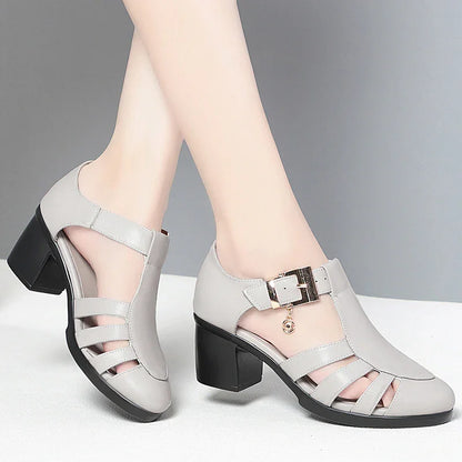 Chic Hollow-Out Heeled Sandals with Ankle Strap & Charm