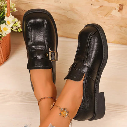 Women's Wide Toe Box Leather Loafers Buckle