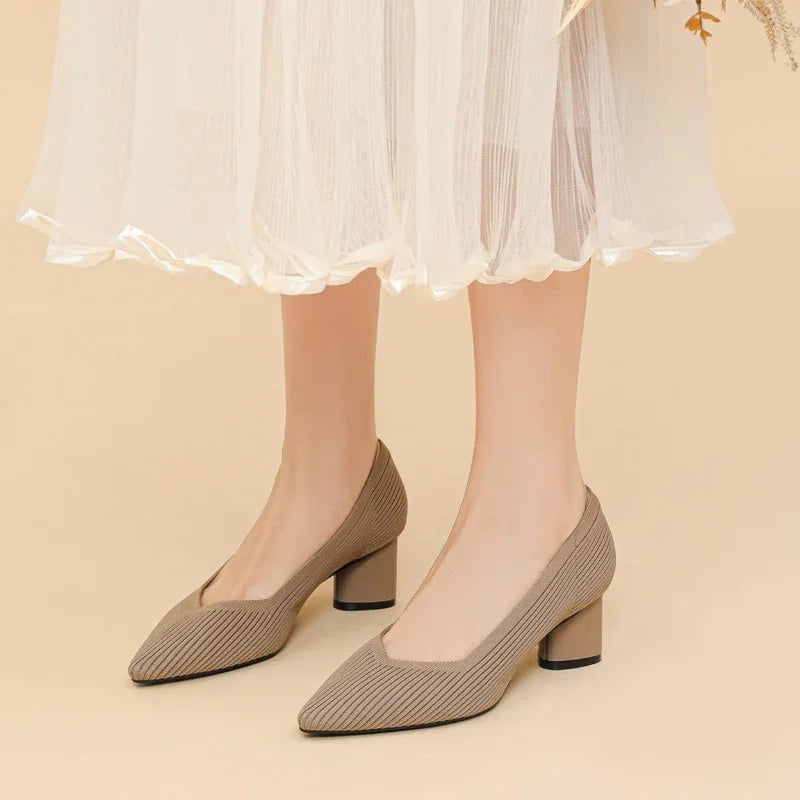Stylish Flyknit Pointed-Toe Pumps with Square Heel