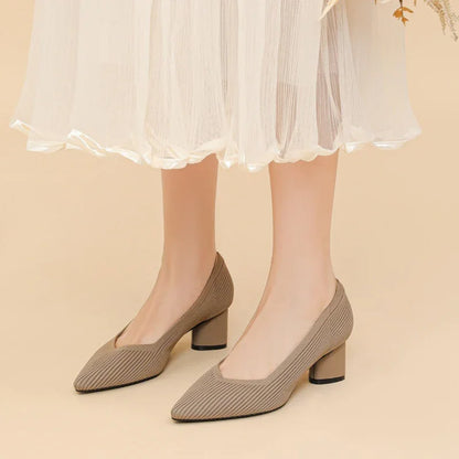 Stylish Flyknit Pointed-Toe Pumps with Square Heel