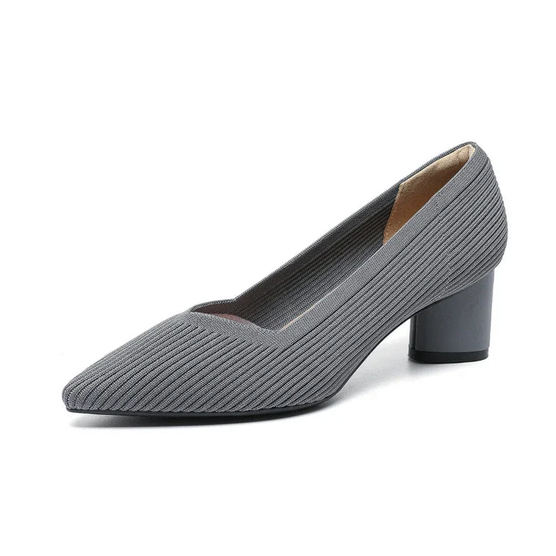 Stylish Flyknit Pointed-Toe Pumps with Square Heel