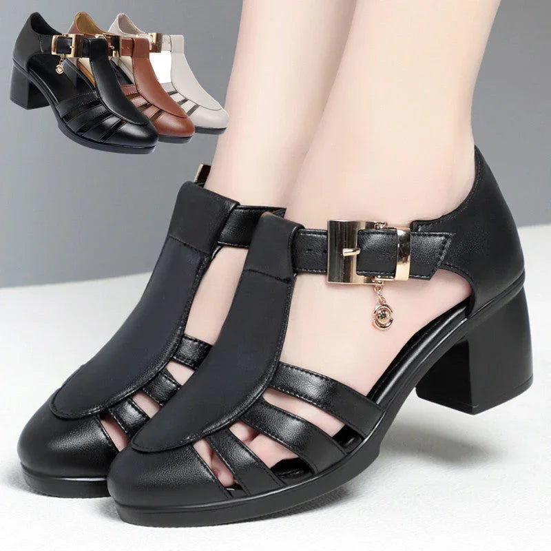 Chic Hollow-Out Heeled Sandals with Ankle Strap & Charm