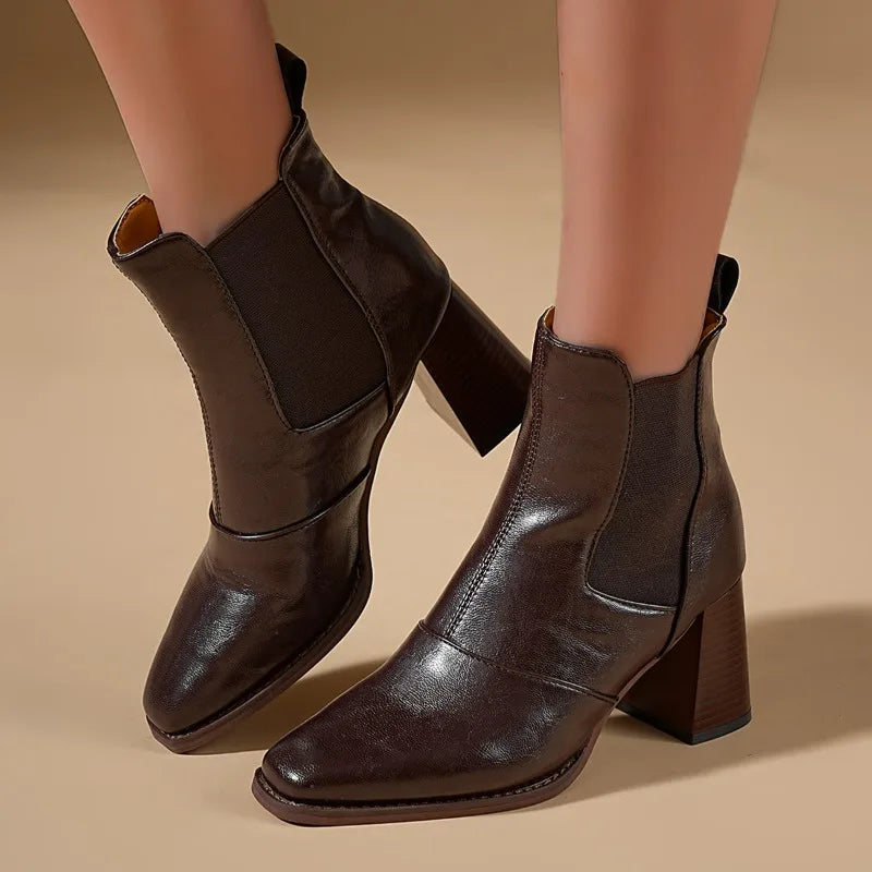 High Heel Booties Square Toe Block Heel 0