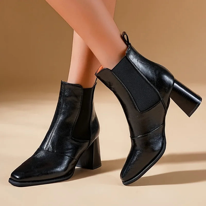 High Heel Booties Square Toe Block Heel 1