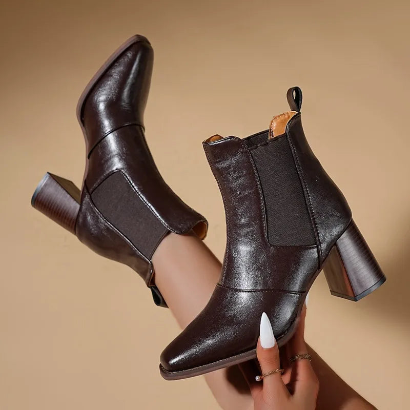 High Heel Booties Square Toe Block Heel 4