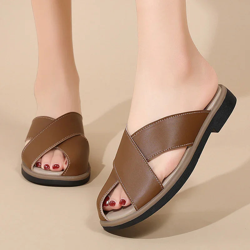 Women's Cross-Strap Leather Slide Sandals