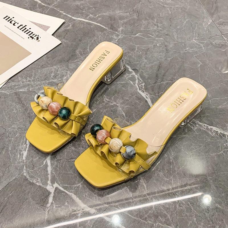 Sophisticated Clear Block-Heel Slide Sandals with Decorative Beads