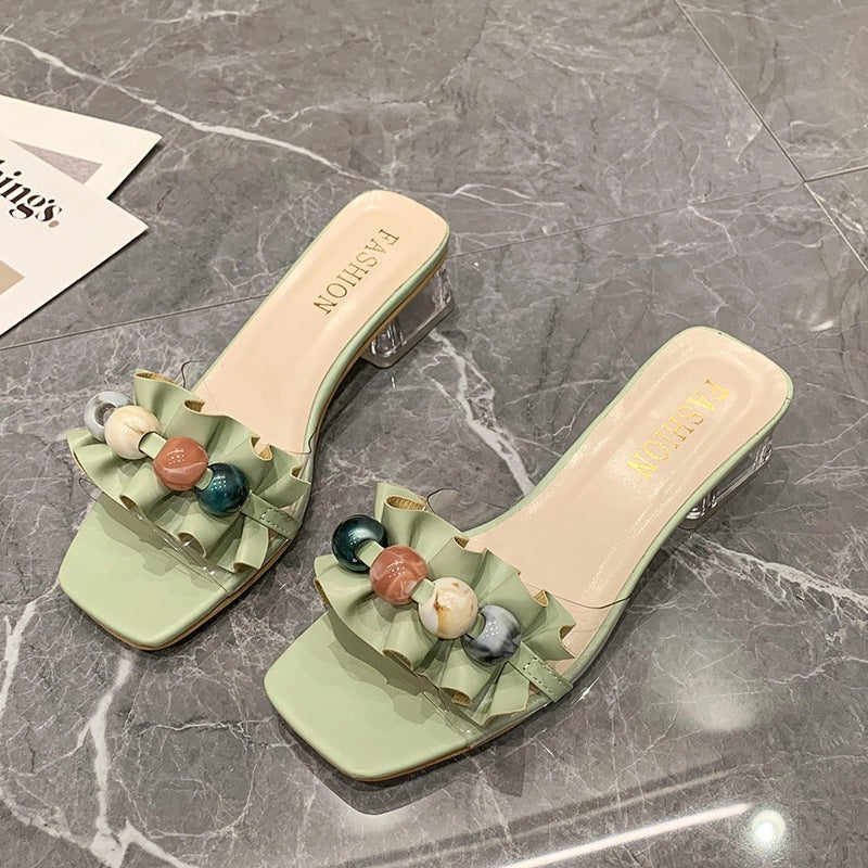 Sophisticated Clear Block-Heel Slide Sandals with Decorative Beads