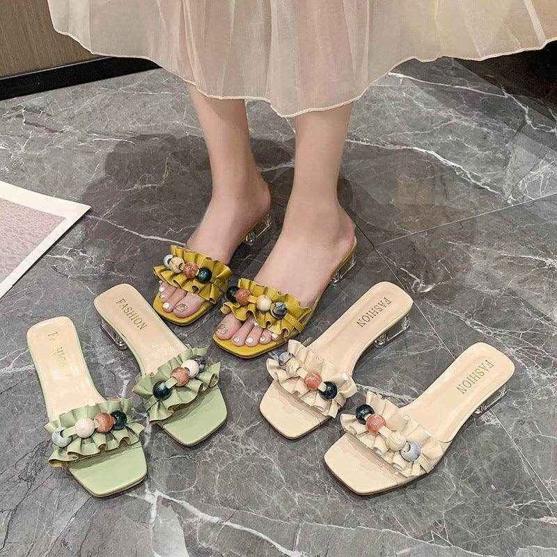 Sophisticated Clear Block-Heel Slide Sandals with Decorative Beads