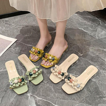 Sophisticated Clear Block-Heel Slide Sandals with Decorative Beads