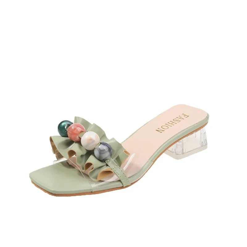 Sophisticated Clear Block-Heel Slide Sandals with Decorative Beads