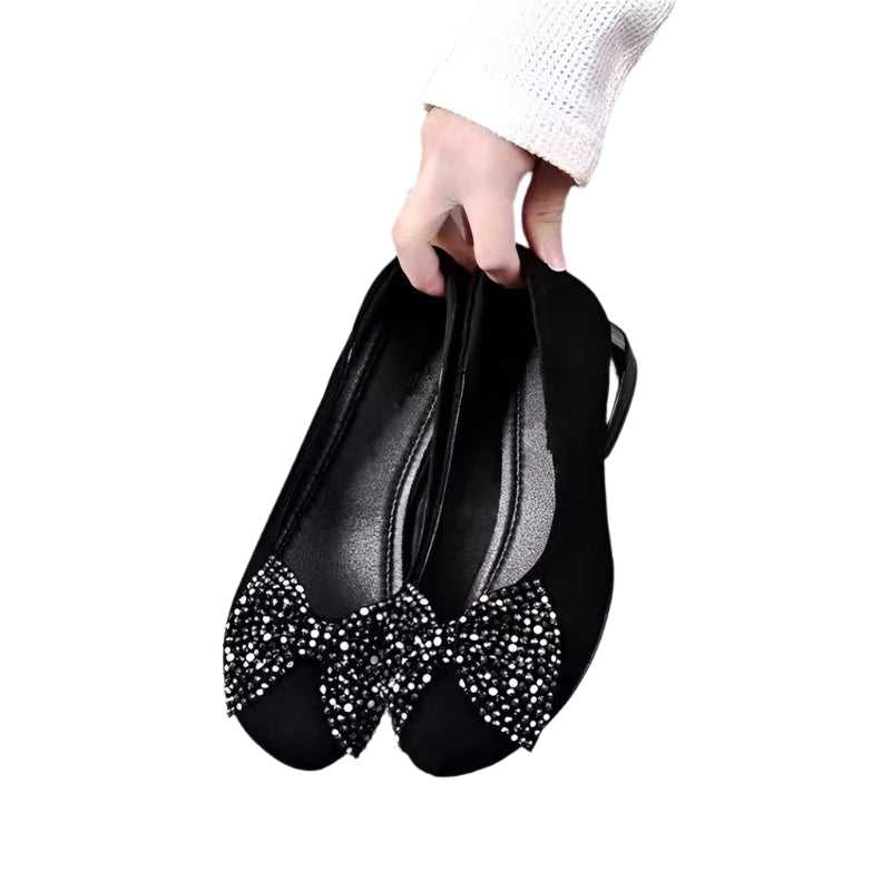 Rhinestone Bow Loafers with Soft Padding &amp; Low Heel