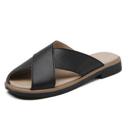 Women's Cross-Strap Leather Slide Sandals