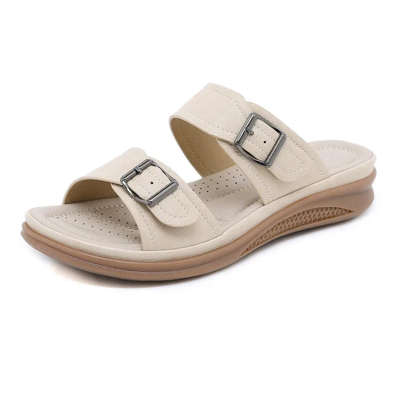 Women's Buckle Strap Wedge Slippers with Open Toe