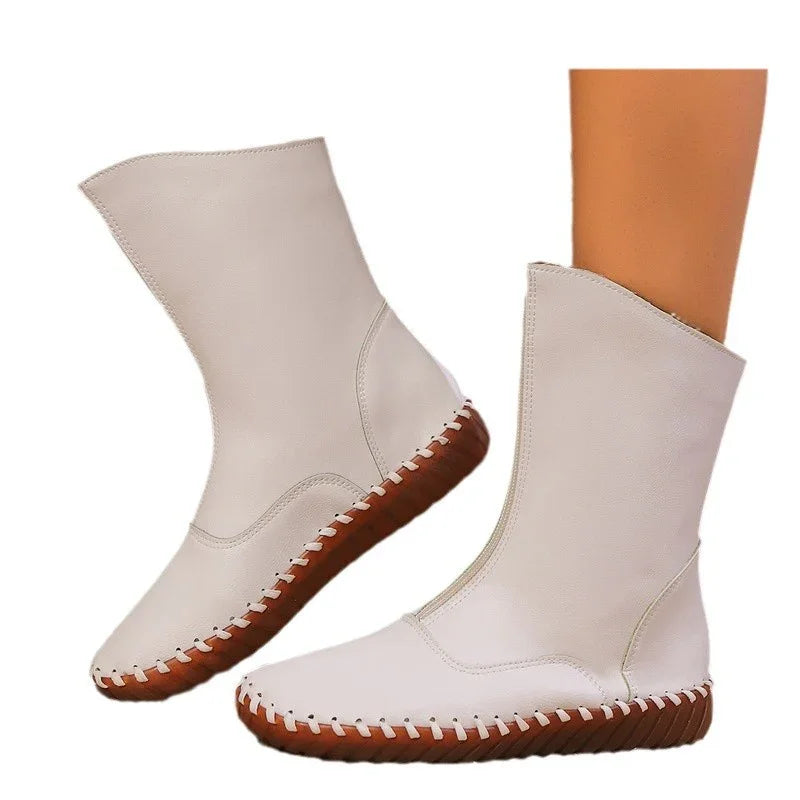 Front-Zipper Mid-Calf Boots with Handstitched Look