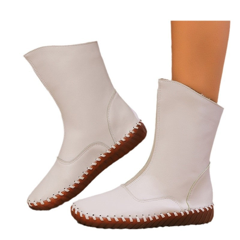 Front-Zipper Mid-Calf Boots with Handstitched Look