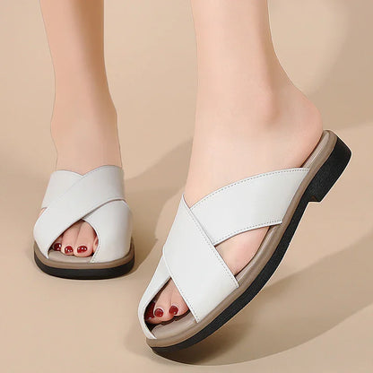 Women's Cross-Strap Leather Slide Sandals