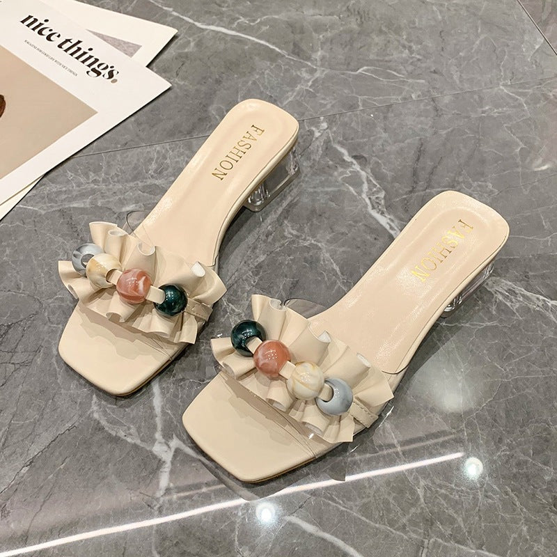 Sophisticated Clear Block-Heel Slide Sandals with Decorative Beads