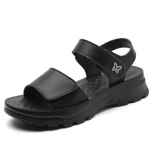 Comfortable Genuine Leather Wedge Sandals with Hook-and-Loop Closure