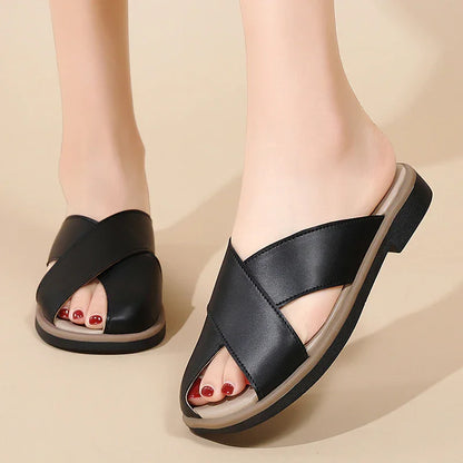 Women's Cross-Strap Leather Slide Sandals