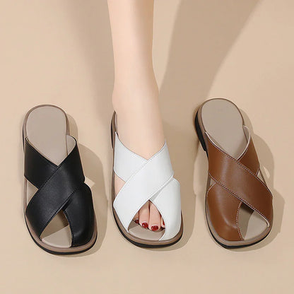Women's Cross-Strap Leather Slide Sandals