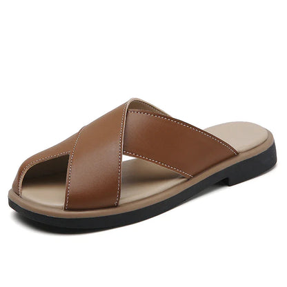 Women's Cross-Strap Leather Slide Sandals