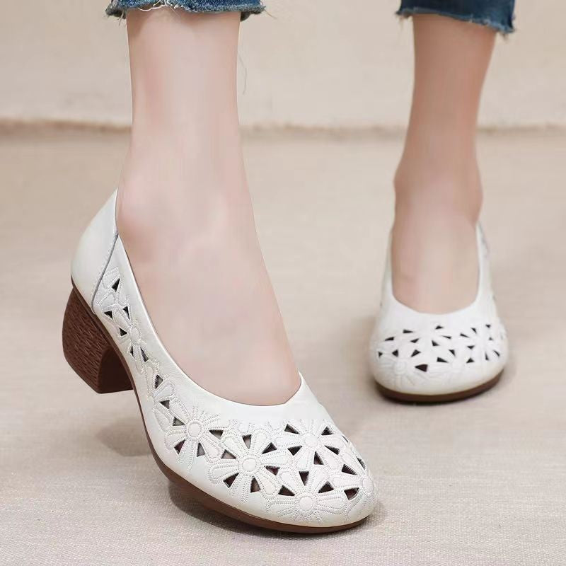 Hollow Square Block Heels with Round Toe for Comfort