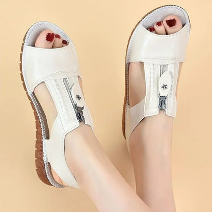 Vegan Leather Sandals for Women with Front Zipper