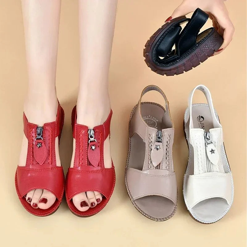 Vegan Leather Sandals for Women with Front Zipper