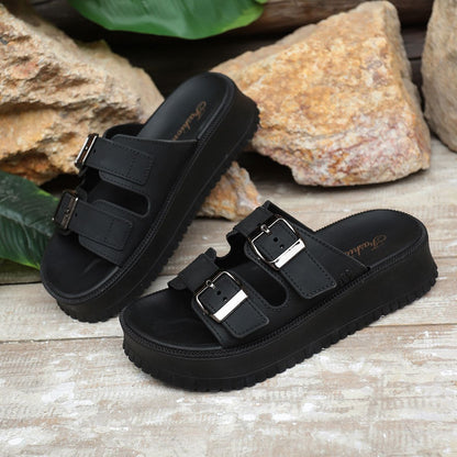 Women's Platform Slide Sandals with Double Buckle