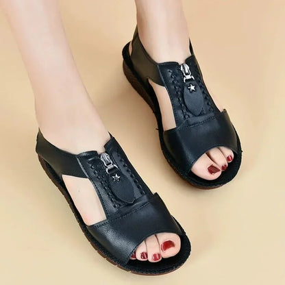 Vegan Leather Sandals for Women with Front Zipper
