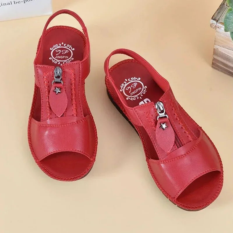 Vegan Leather Sandals for Women with Front Zipper