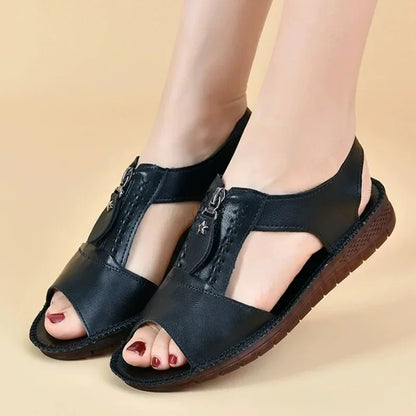 Vegan Leather Sandals for Women with Front Zipper