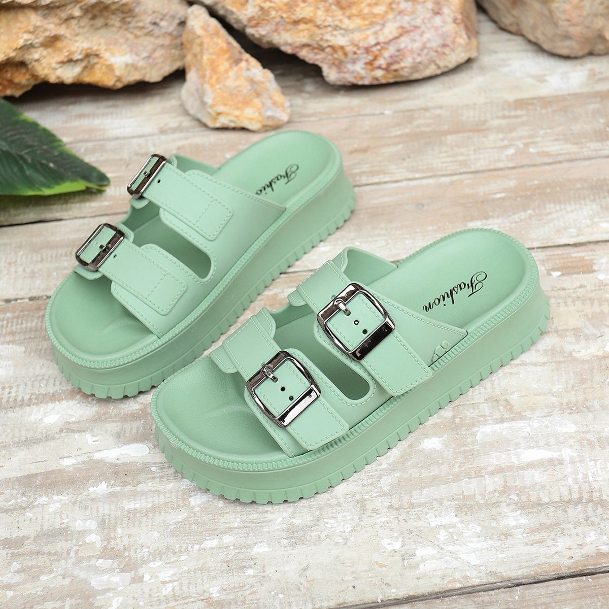 Women's Platform Slide Sandals with Double Buckle