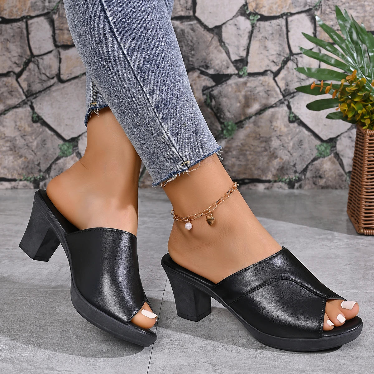 Women’s High Heeled Slippers Thick Heel 4