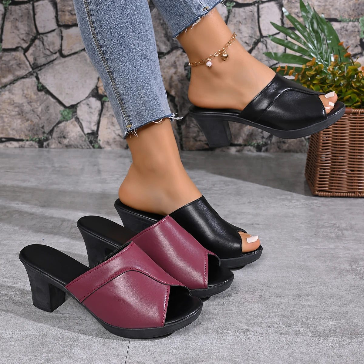 Women’s High Heeled Slippers Thick Heel 5