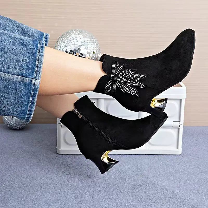Womens Pointed Toe Ankle Boots Chunky Heel 2