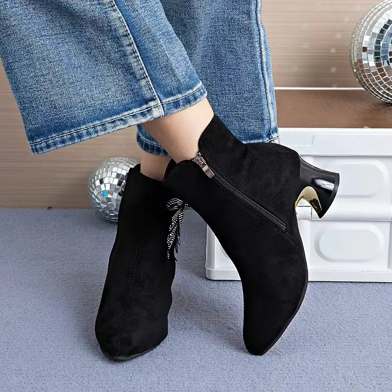 Womens Pointed Toe Ankle Boots Chunky Heel 3