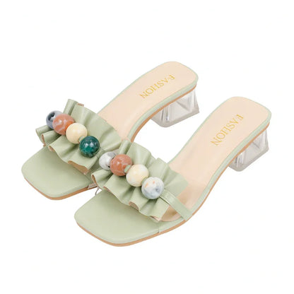 Sophisticated Clear Block-Heel Slide Sandals with Decorative Beads