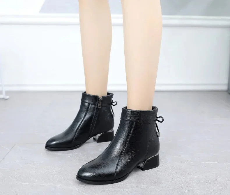 Leather Ankle Boots with Block Heel for Winter Wear