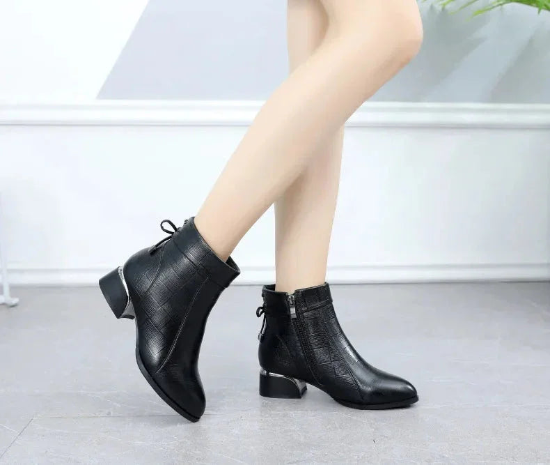 Leather Ankle Boots with Block Heel for Winter Wear
