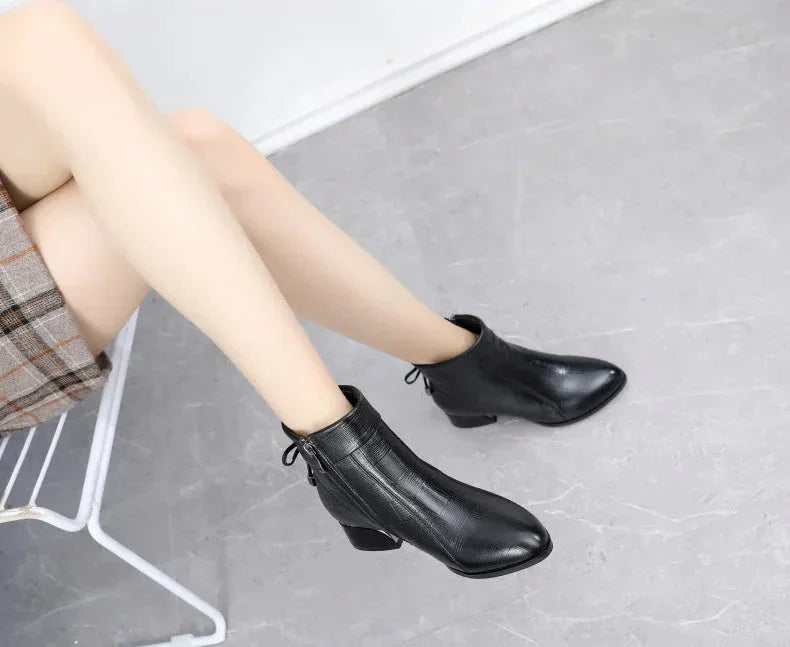 Leather Ankle Boots with Block Heel for Winter Wear