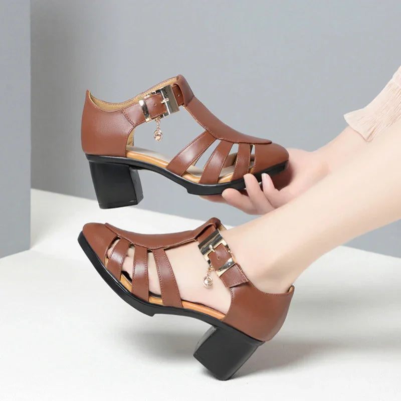 Chic Hollow-Out Heeled Sandals with Ankle Strap & Charm